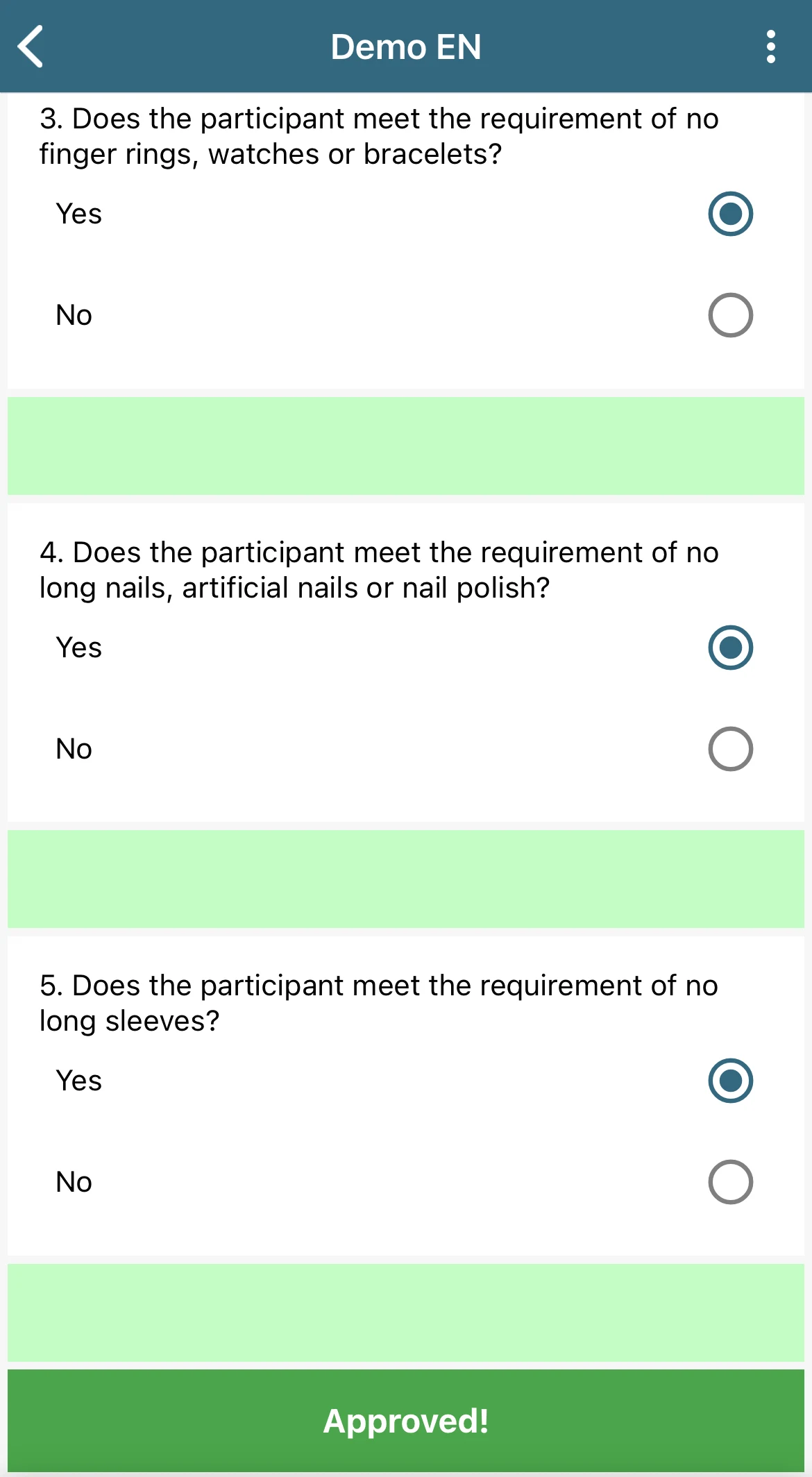 QReport on mobile: every audit form question answered, with a green bar at the bottom showing the result Approved.