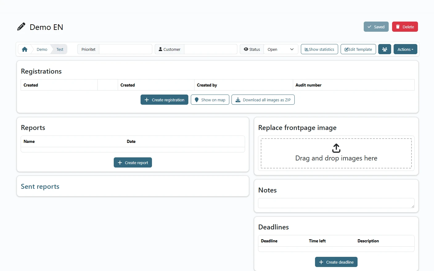 QReport in the browser: the Demo EN case with registrations, reports, notes, deadlines and case files, plus buttons to show statistics and edit the template.