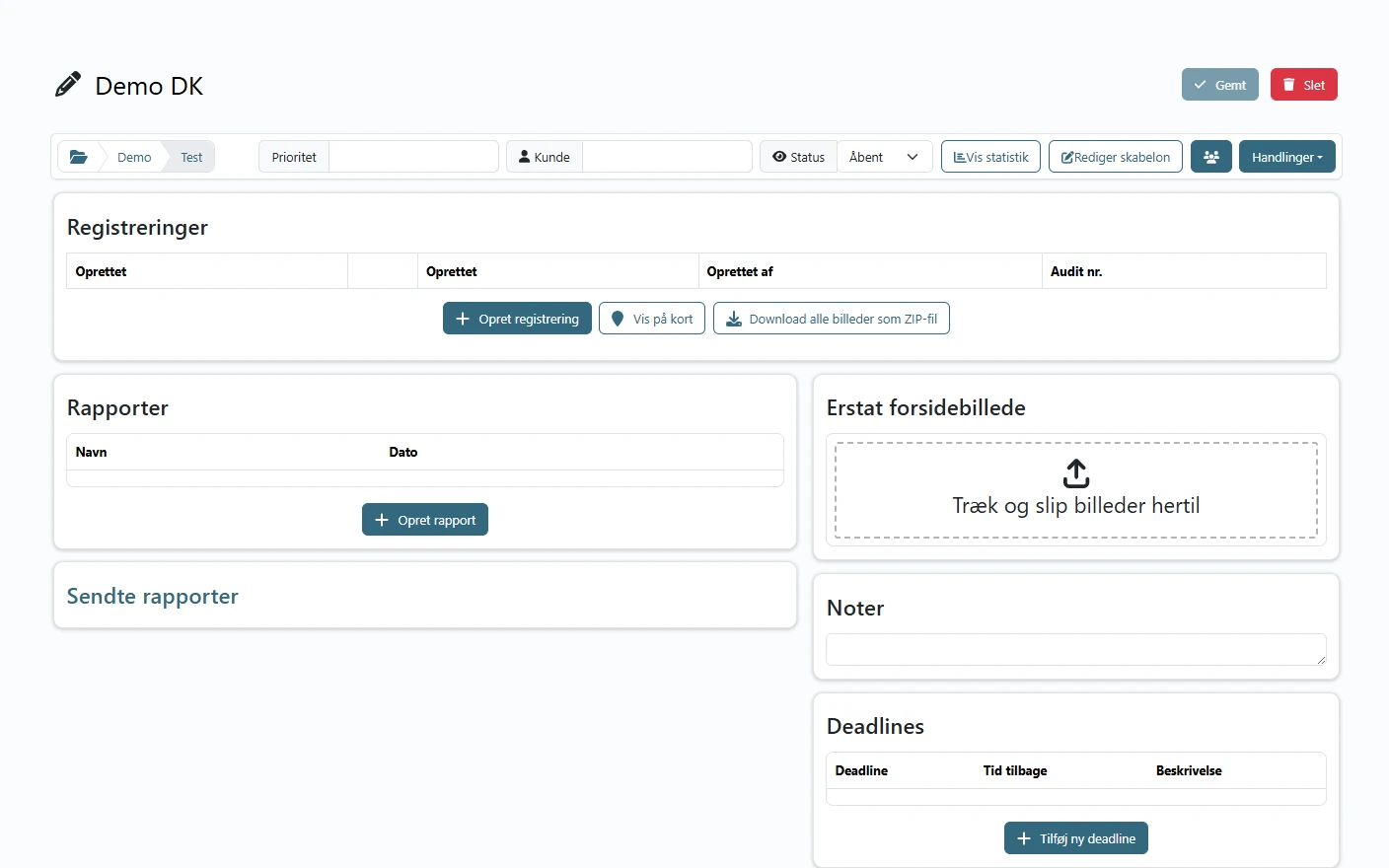 QReport i browseren: sagen Demo DK med registreringer, rapporter, noter, deadlines og sagsfiler, og knapper til at vise statistik og redigere skabelonen.